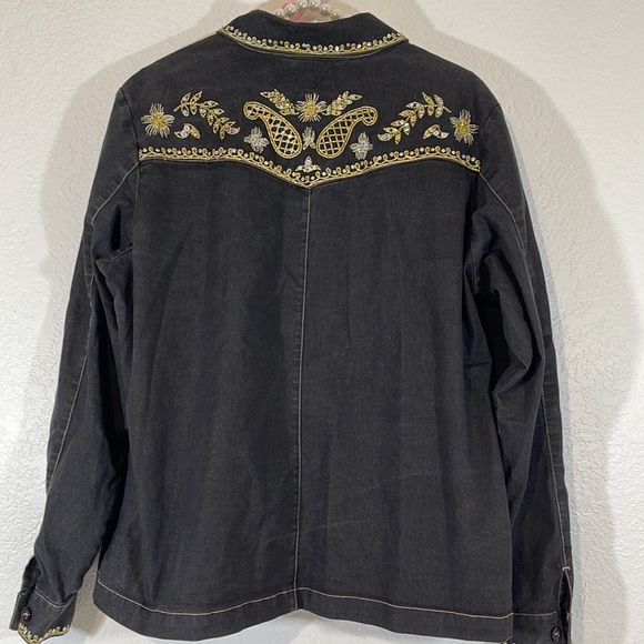 VICTOR COSTA OCCASION Embroidered Sequins Beads Zip-up Western Jacket Blouse L - Picture 4 of 5